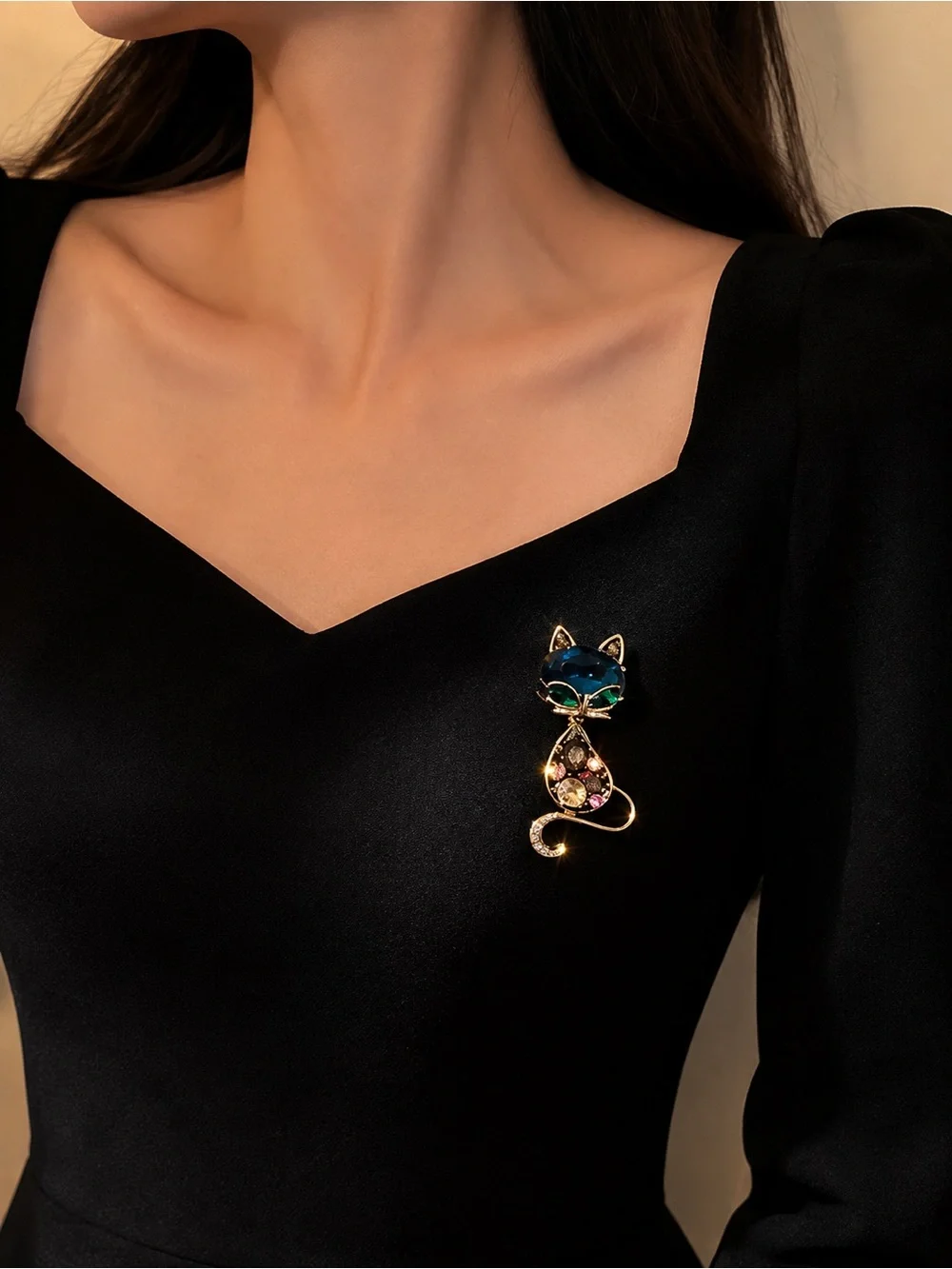 Gold tone Cat Brooch with Blue and Green Crystals - Elegant Pet-Inspired Jewelry